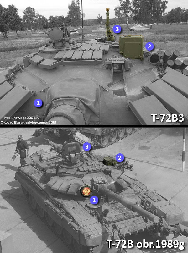 Main differences on turret between T-72B3 and T-72B obr.1989g.